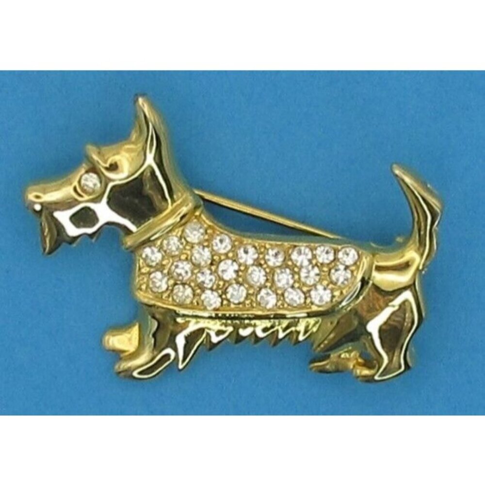 Vintage Scottish Terrier Scottie Dog Brooch Pin Gold Tone Clear Rhinestones